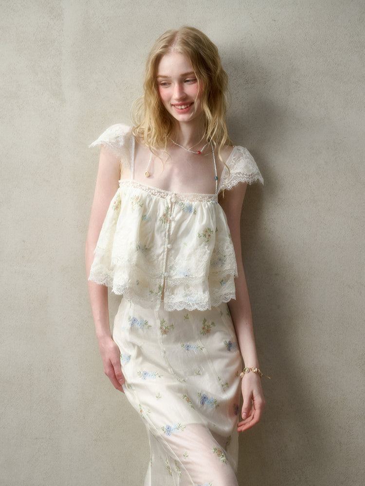 Lace Embroidery Flower French - Style Shirt &amp; Skirt Set