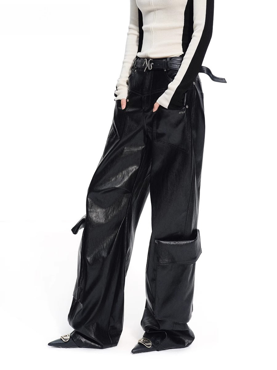 Punk-Style Eco Textured Faux Leather Wide-Leg Pants