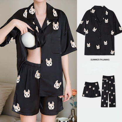 Three-piece Set of Silk Short-sleeved Pajamas