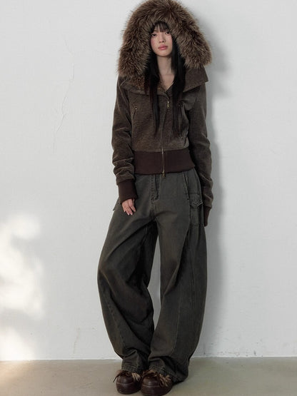 Vintage-Wash Curved Wide-Leg Pants