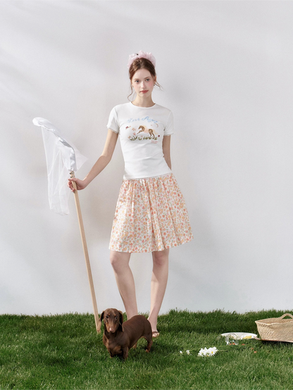 Contrast Lace Trim Embroidered Graphic Slim Fit T-Shirt