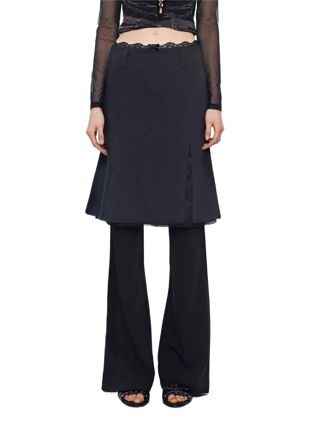 Lace Waist Bow Flared Skirt Pants