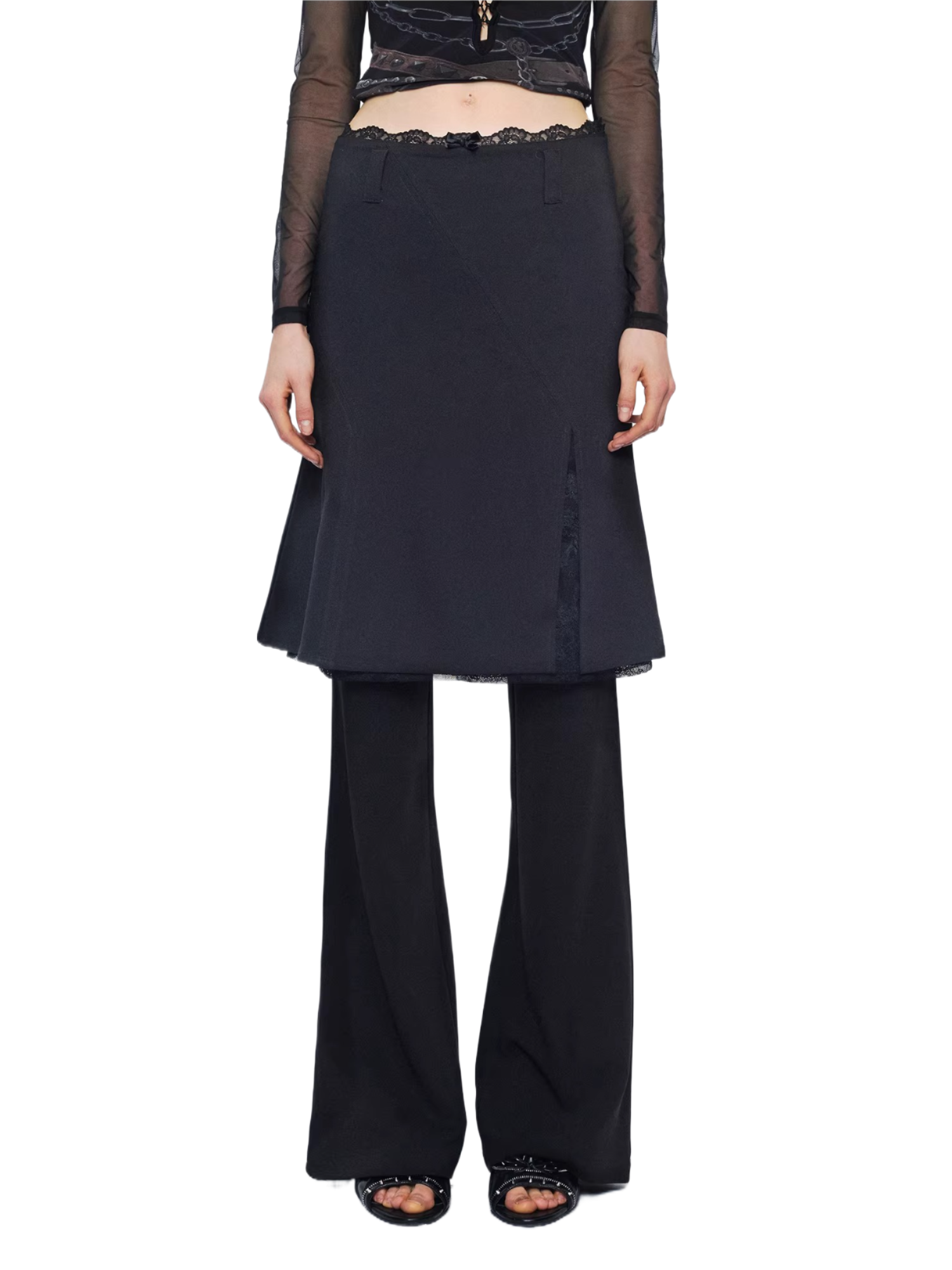 Lace Waist Bow Flared Skirt Pants