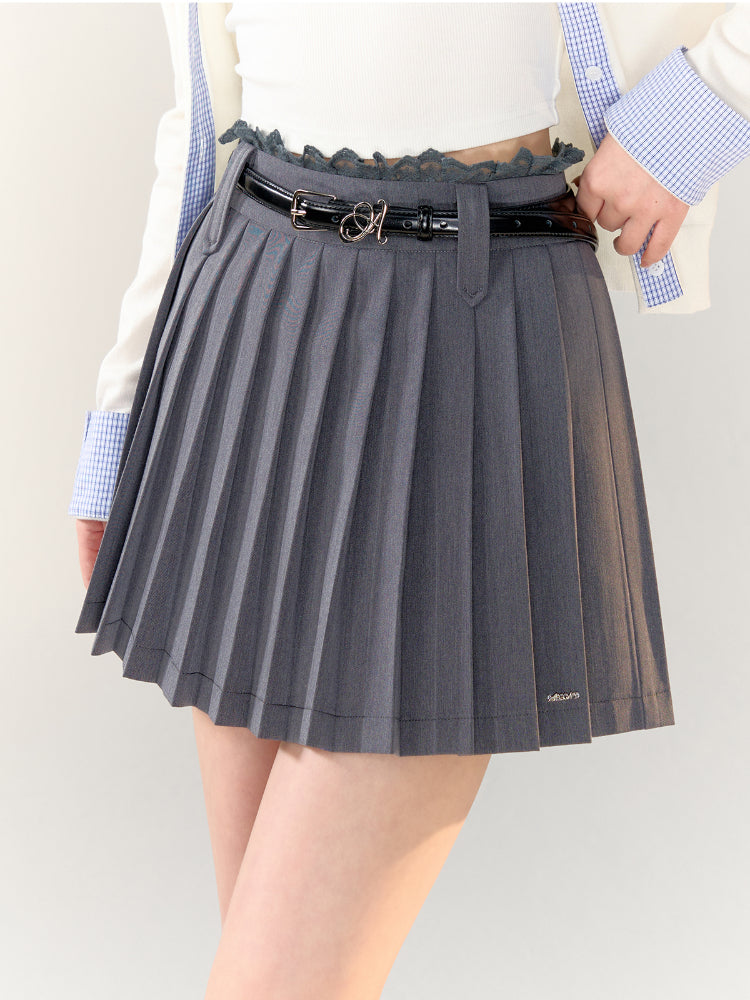 Gray Lace-Trimmed Pleated Suit Skirt