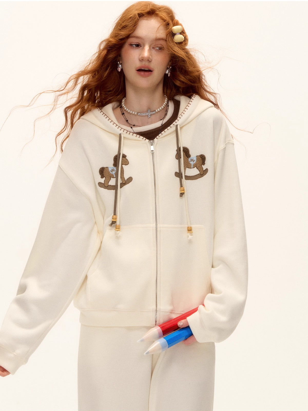 Embroidered Horse Beaded Zip-up Hoodie &amp; Pants Set