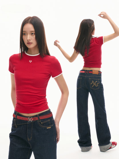 Ribbed Color-block Slim-fit Shoulder T-shirt