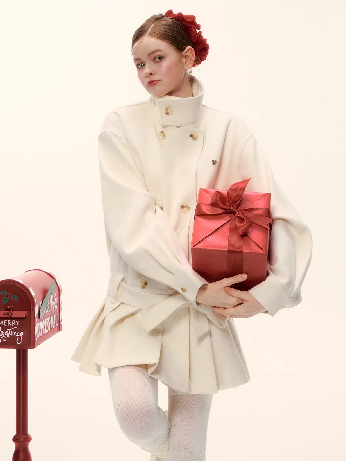 Pleated-Edge Down Wool-Blend Coat