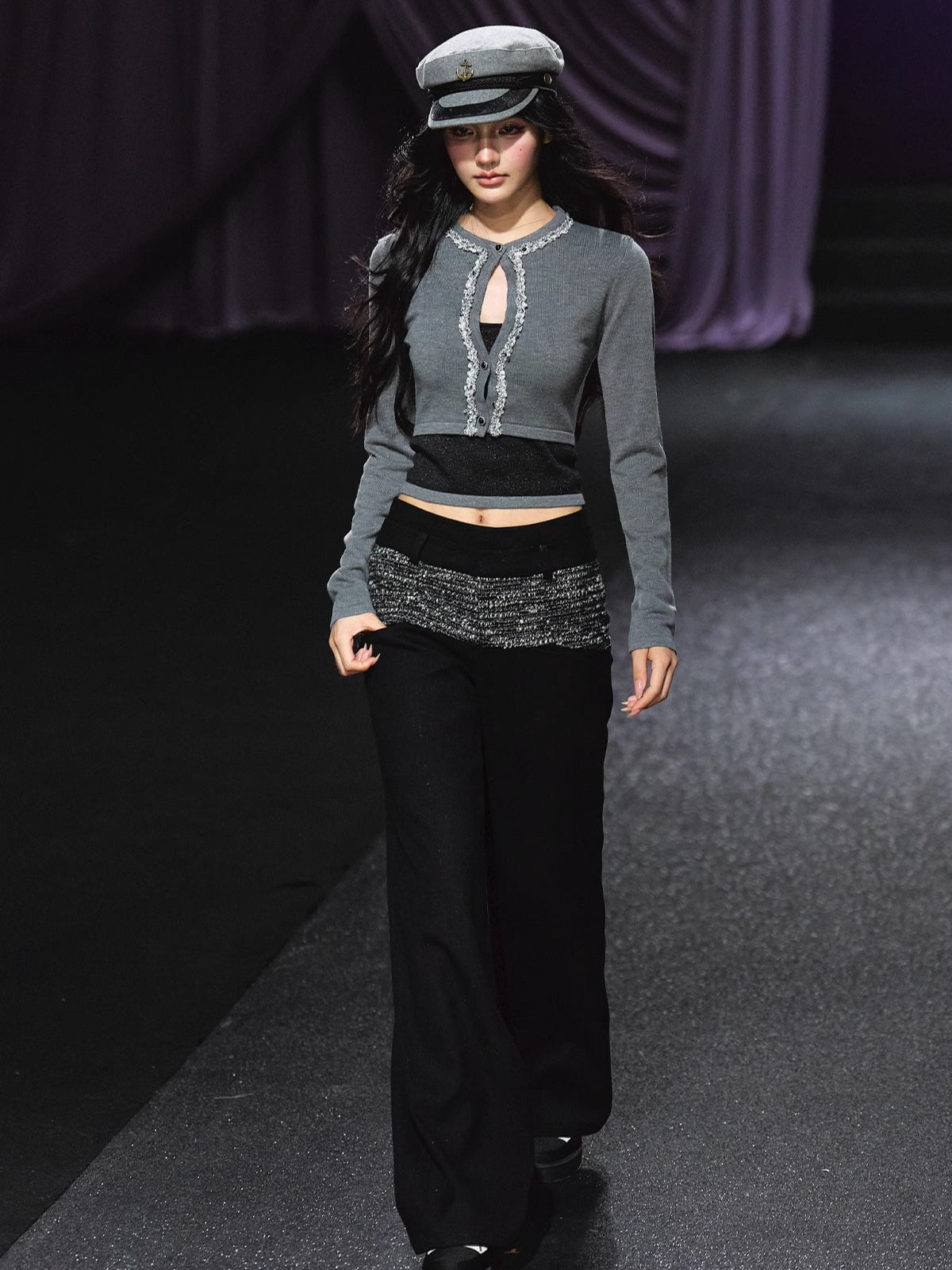 Contrast Waistband Tweed-Panel Straight Pants