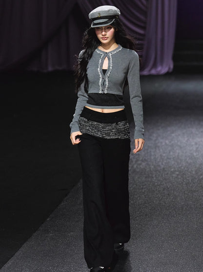 Contrast Waistband Tweed-Panel Straight Pants