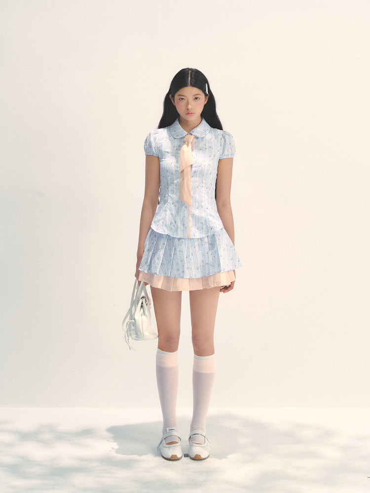 Blue Floral Contrast Check Shirt &amp; Skirt Set - CHINASQUAD