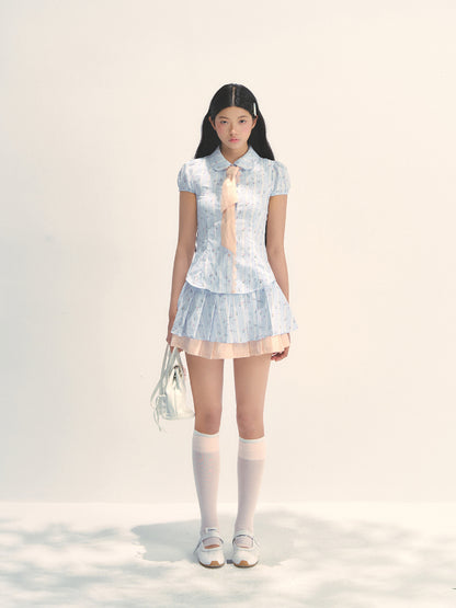 Blue Floral Contrast Check Shirt &amp; Skirt Set - CHINASQUAD