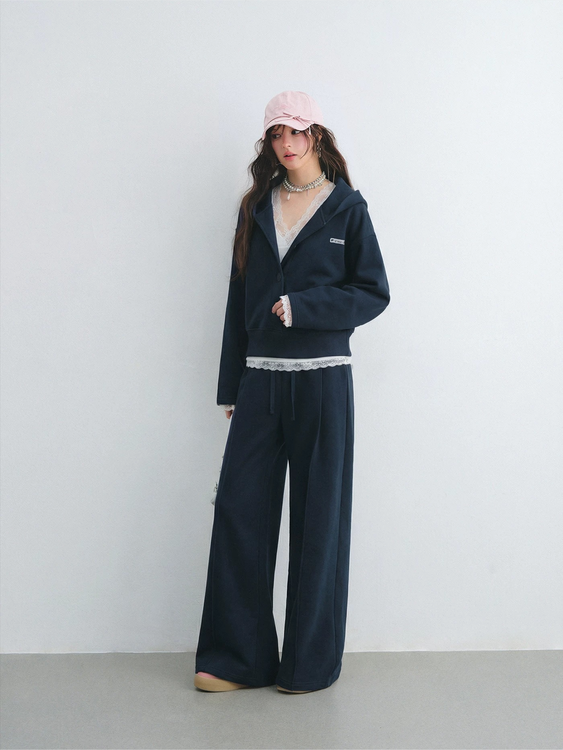 Lace Panel V-Neck Tank &amp; Hoodie Wide-Leg Sweatpants Three-Piece Set