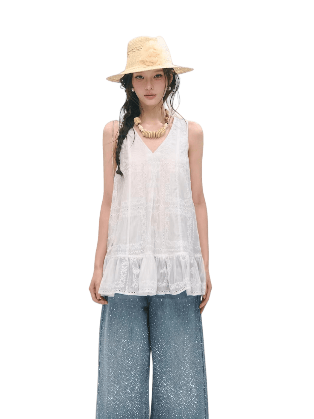 Embroidered Ruffle Trim Sleeveless Dress