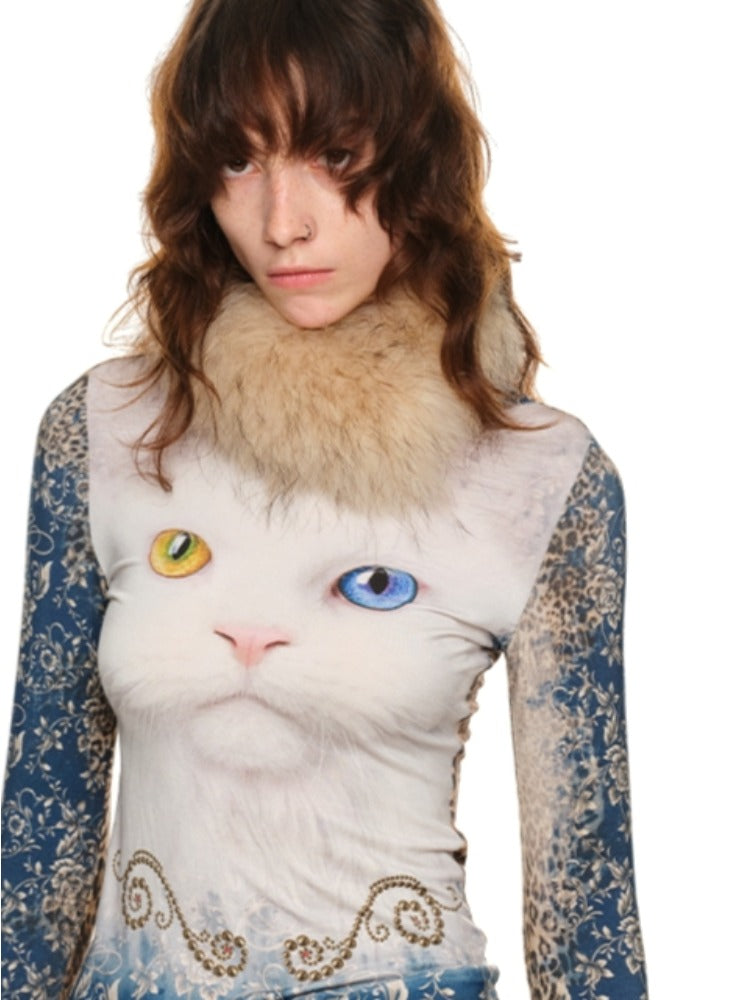 Cat Print Long-Sleeve Crewneck T-Shirt