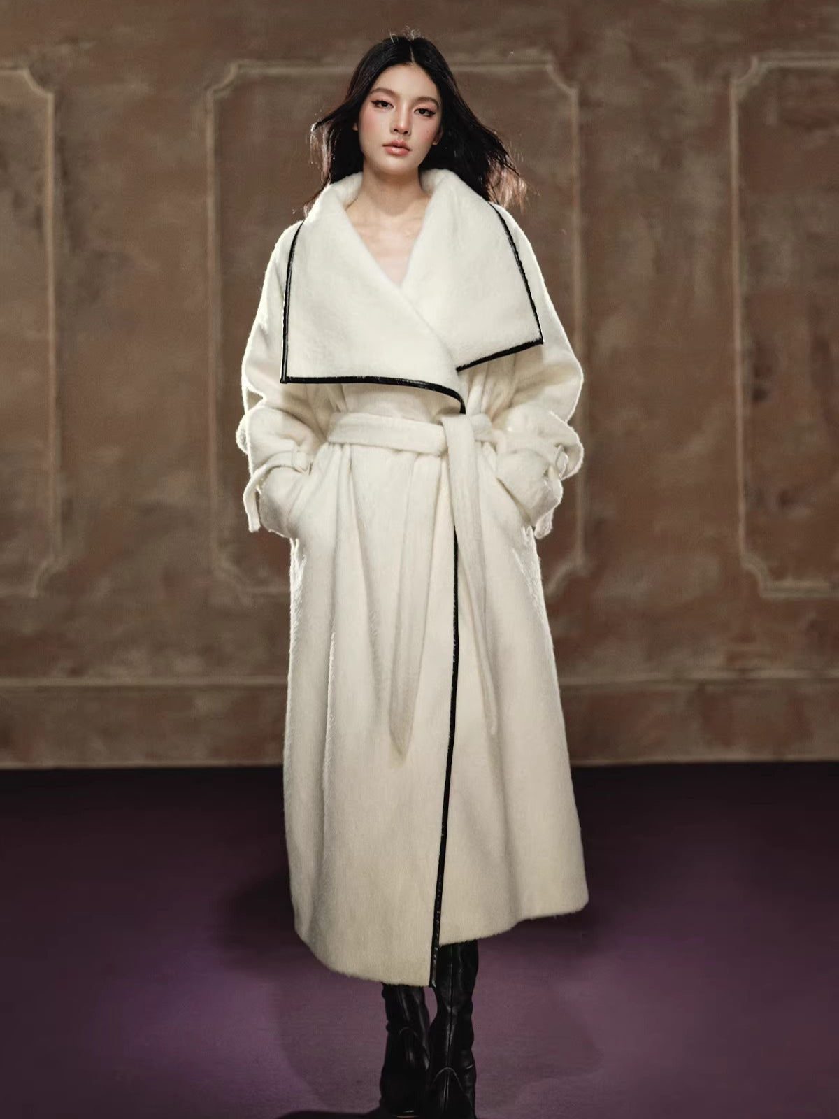 Wool-Blend Long Coat &amp; Striped Slip Dress Set