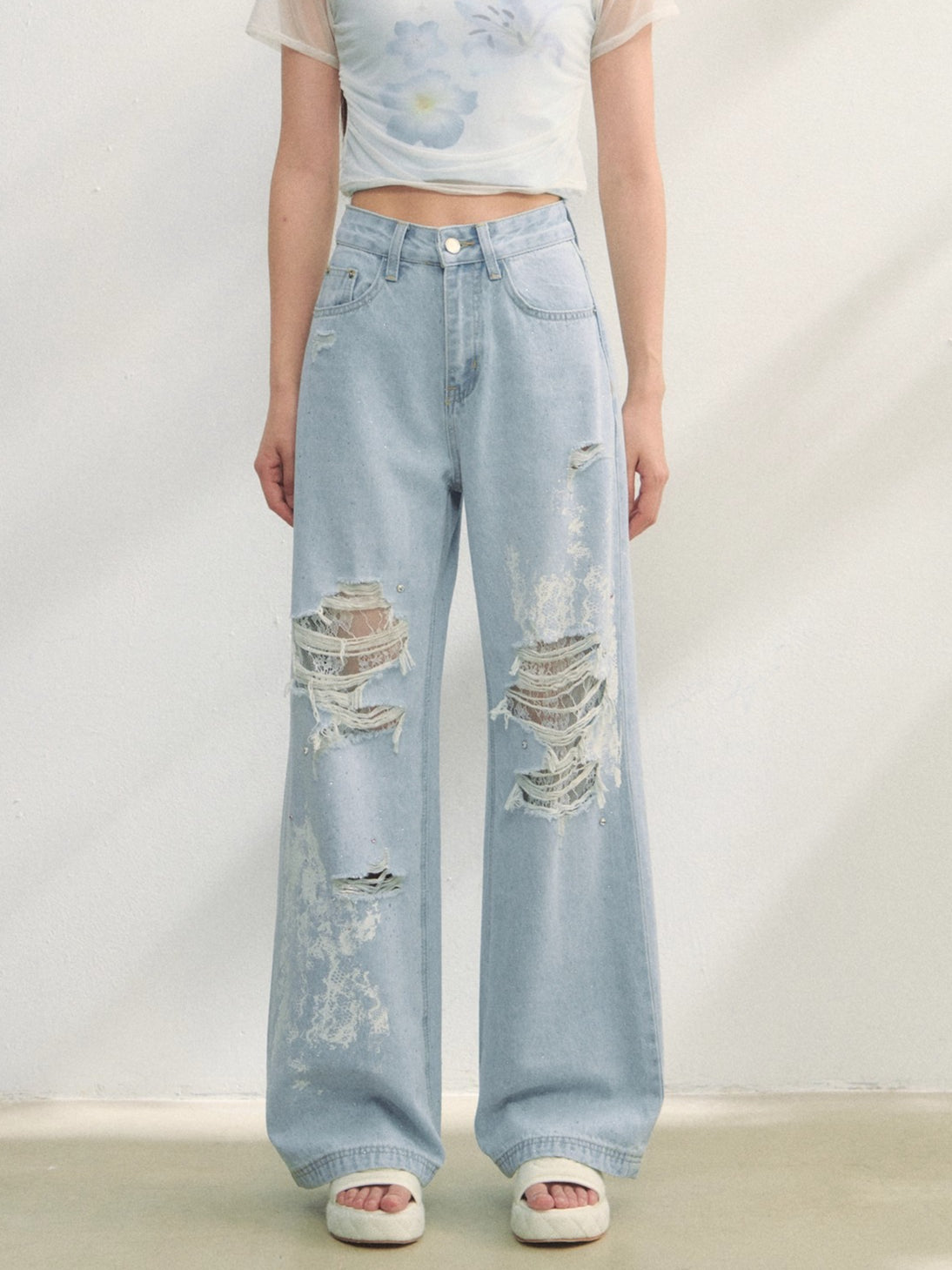Lace-Trimmed Printed Rhinestone-Embellished Jeans
