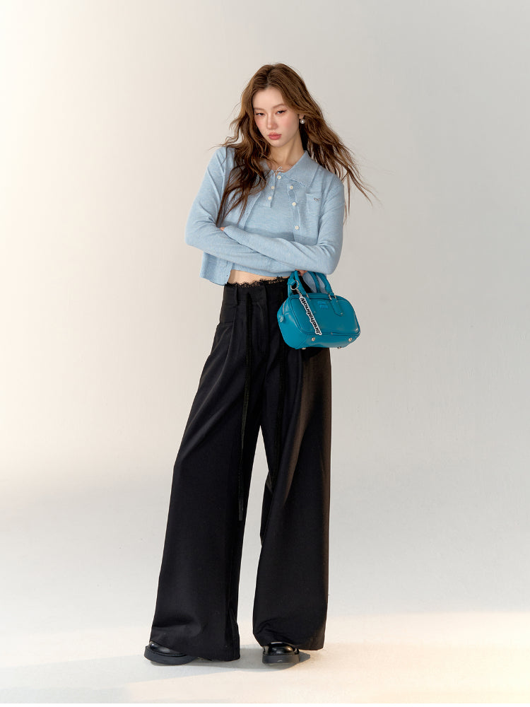 Lace Spliced High-Waisted Straight-Leg Wide Pants