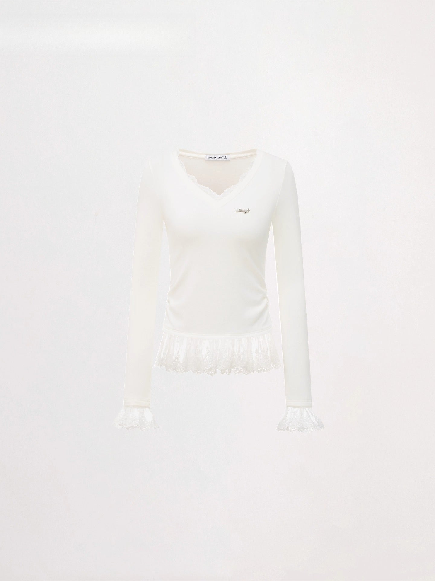 Lace Panel V-Neck Slim-Fit Long Sleeve T-Shirt