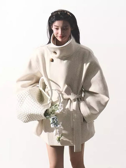 Stand-Collar Wool Short Coat