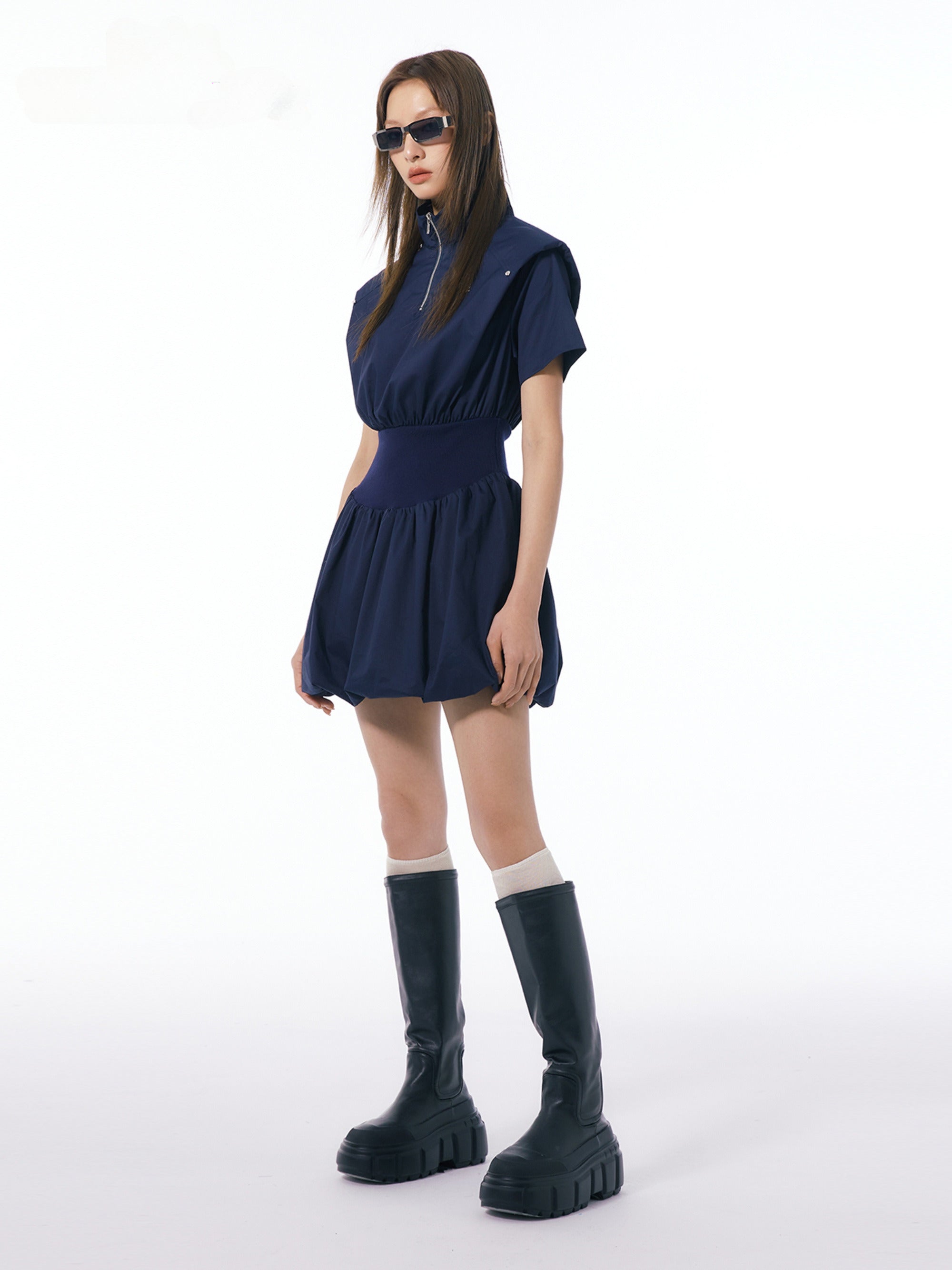 Beige &amp; Navy Blue Stand Collar Mini Dress - CHINASQUAD