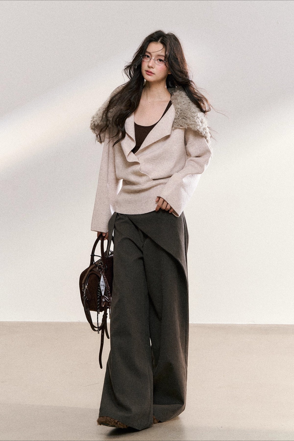 Faux Fur Collar Wrap Knit Cardigan