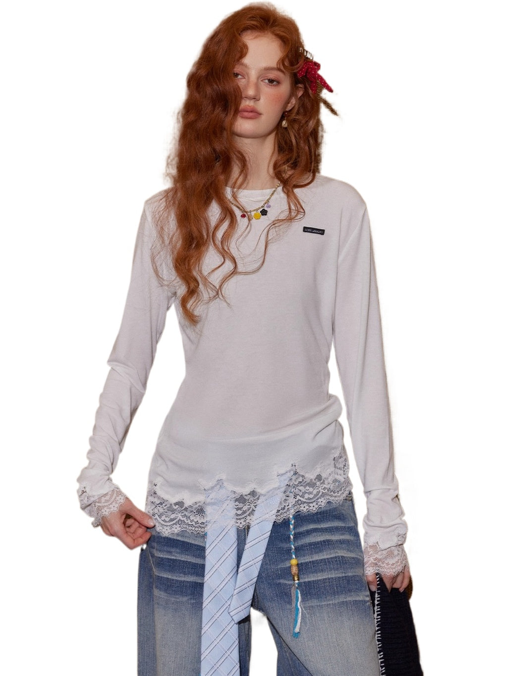 Lace-Paneled Round-Neck Long-Sleeve T-Shirt - CHINASQUAD