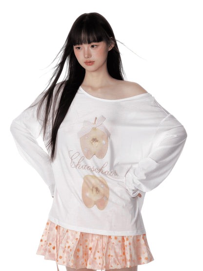 Off-Shoulder Crystal Apple Print Loose T-Shirt