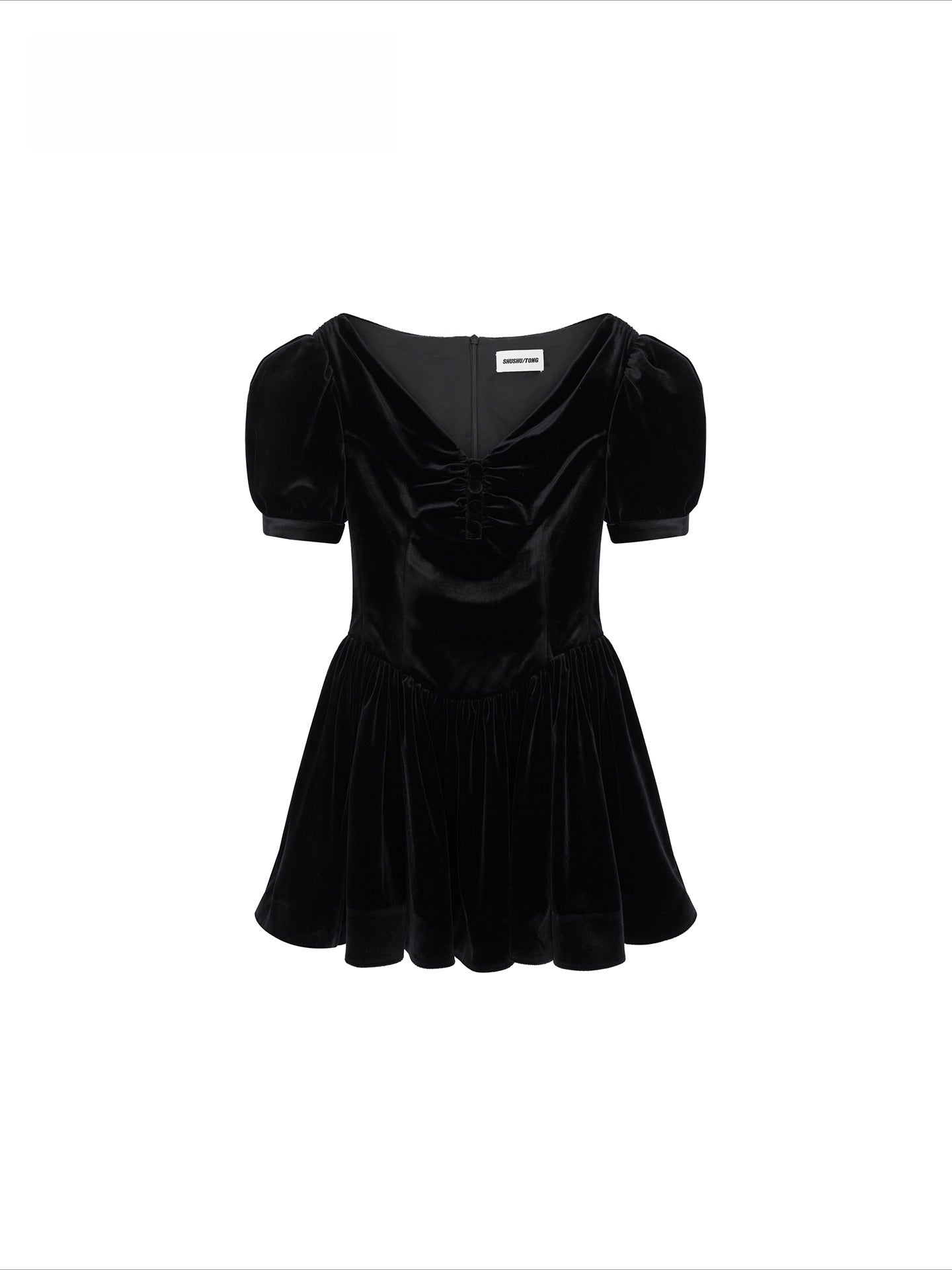 Ruched Puff-Sleeve V-Neck Mini Dress