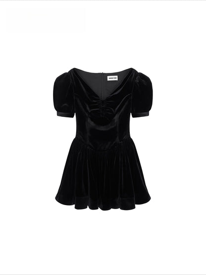 Ruched Puff-Sleeve V-Neck Mini Dress