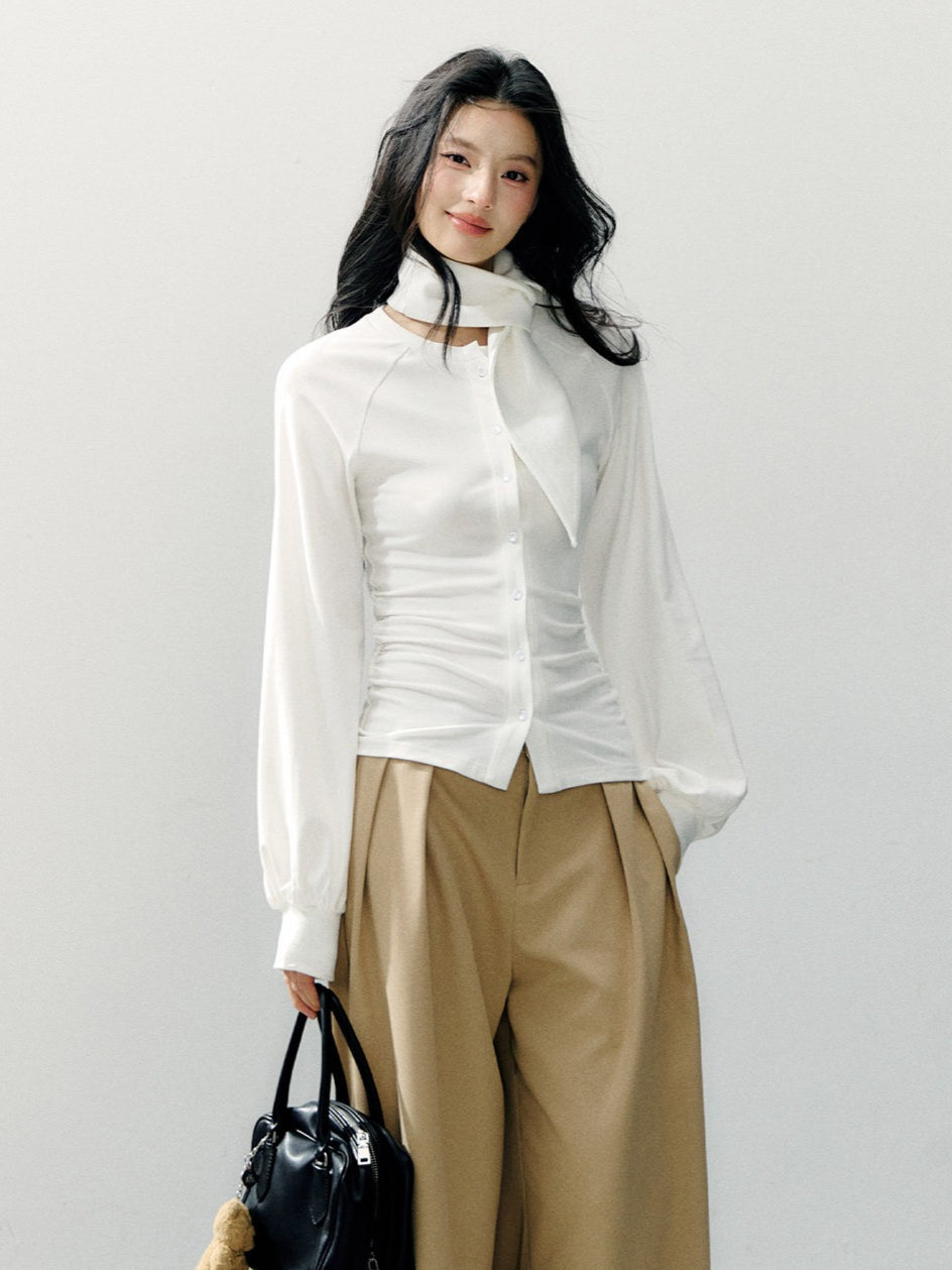 Scarf Collar Fitted Knit Long Sleeve Shirt