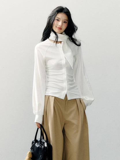 Scarf Collar Fitted Knit Long Sleeve Shirt