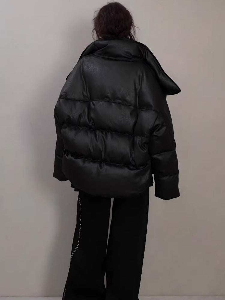 Oversized Leather-Texture Down Jacket