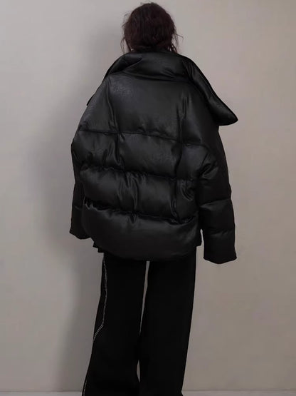 Oversized Leather-Texture Down Jacket
