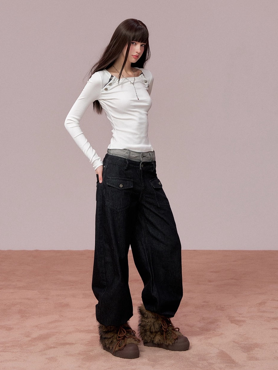 Double-Waist Vintage Wide-Leg Jeans