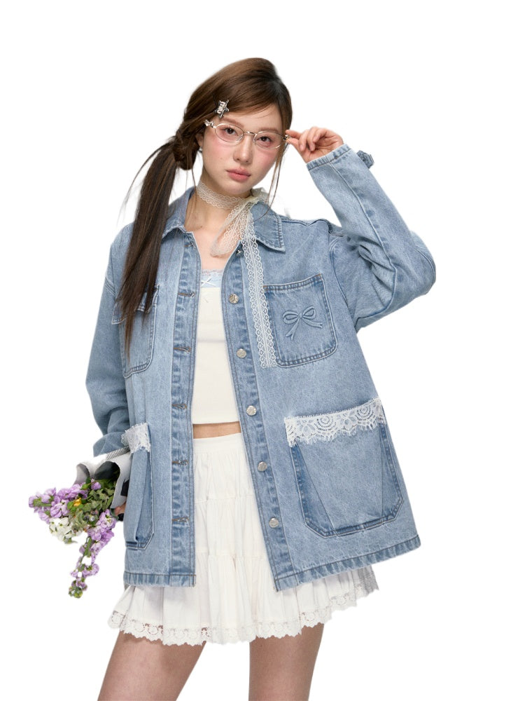 Lace-Patchwork Utility Pocket Denim Jacket