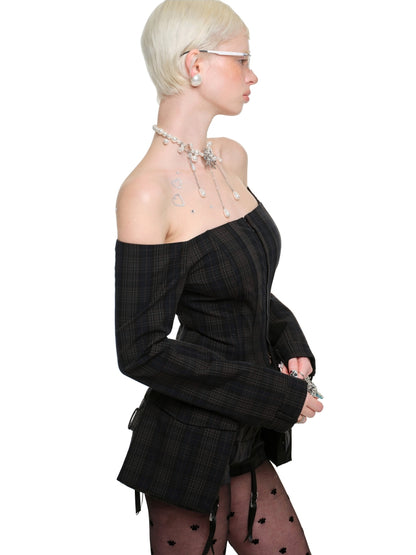 Green Check Off-Shoulder Plaid Blazer