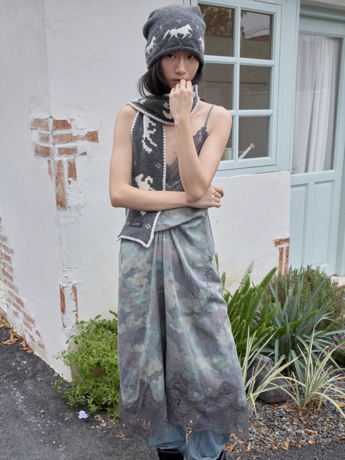 Camouflage Lace-Trim Printed Slip Dress