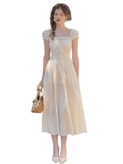 White Pastoral First-Love Cinched-Waist Dress
