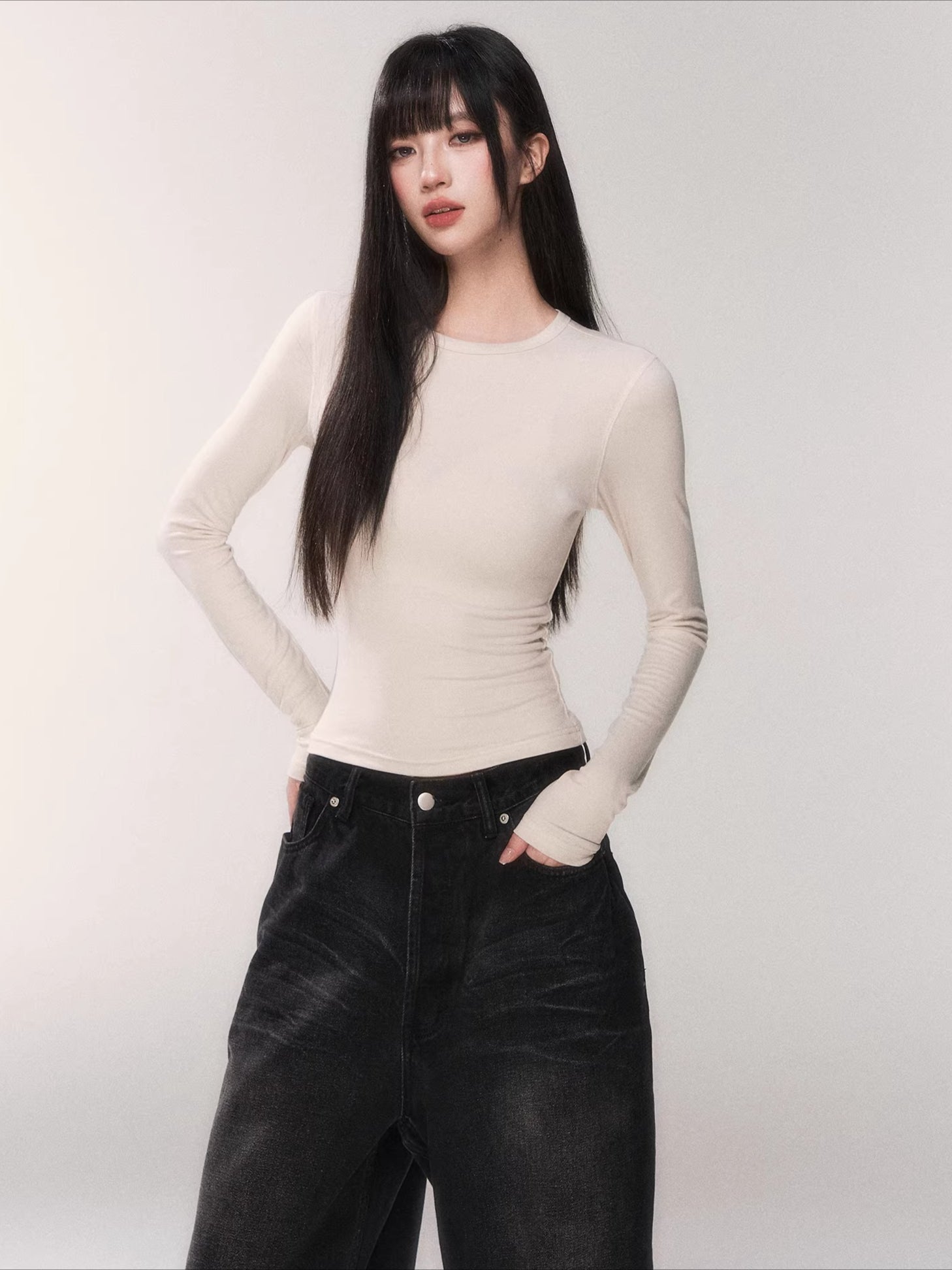 Waist-Cinching Long-Sleeve Crewneck Base Tee