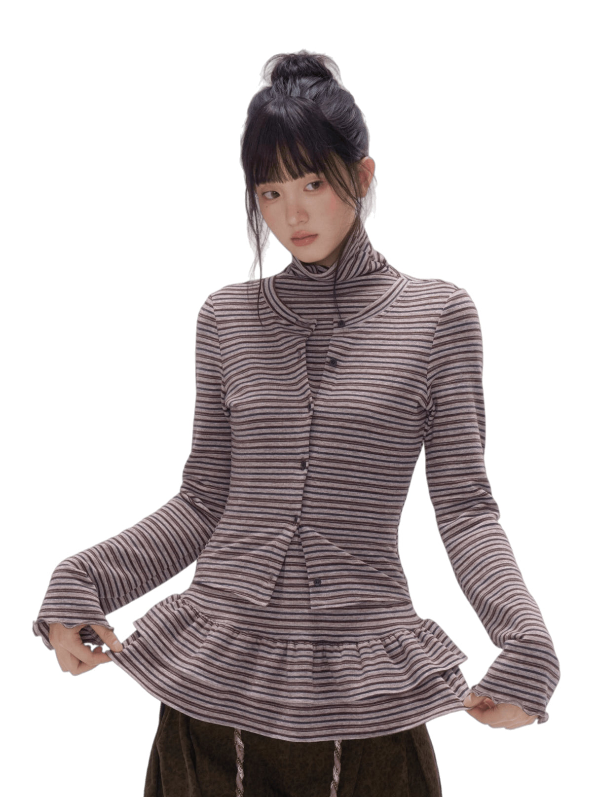 Faux Layered Ruffle-Trim Base Turtleneck