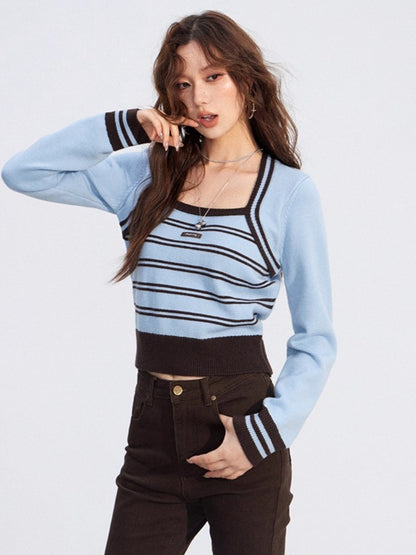 Vintage Square-Neck Layered Knit Blouse