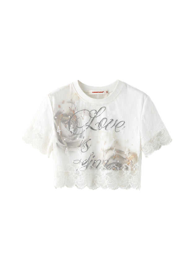 White Lace Faux Two-piece Layered T-shirt