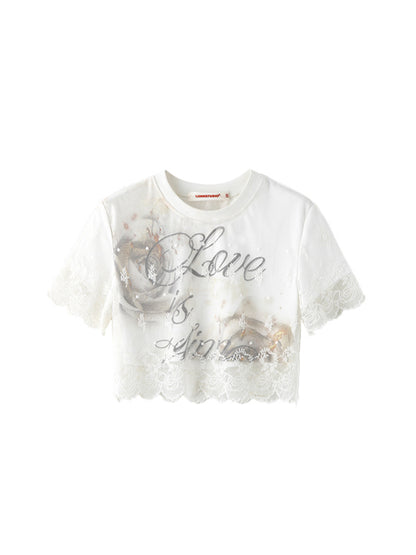 White Lace Faux Two-piece Layered T-shirt