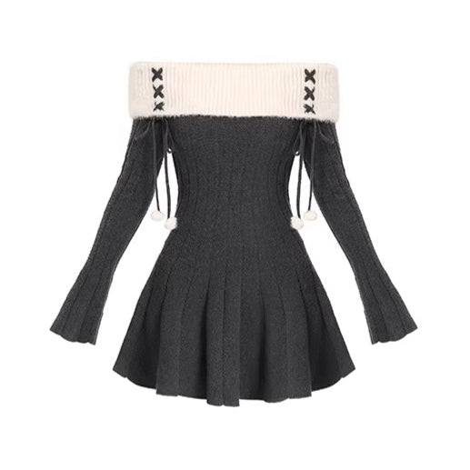 Off-Shoulder Knit Waist-Cinching Dress