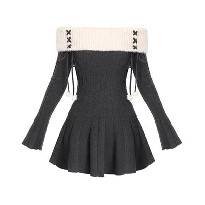 Off-Shoulder Knit Waist-Cinching Dress