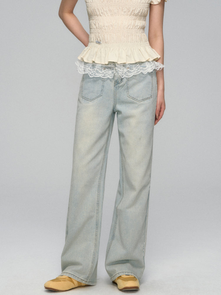 Lace-Trimmed Washed Straight-Leg Jeans Set - CHINASQUAD