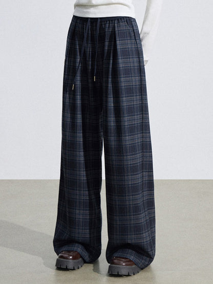 Elastic Waist Plaid Panel Wide-Leg Trousers