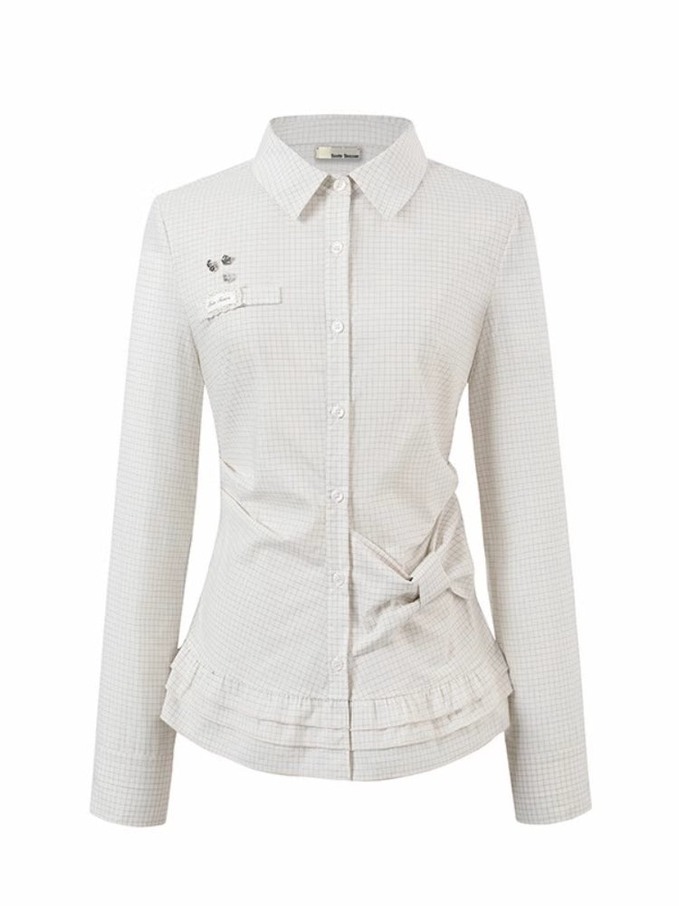 Retro Checkered Bow-Trimmed Shirt