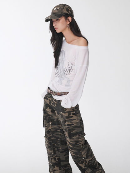 Distressed Star-Studded Camouflage Baseball Cap