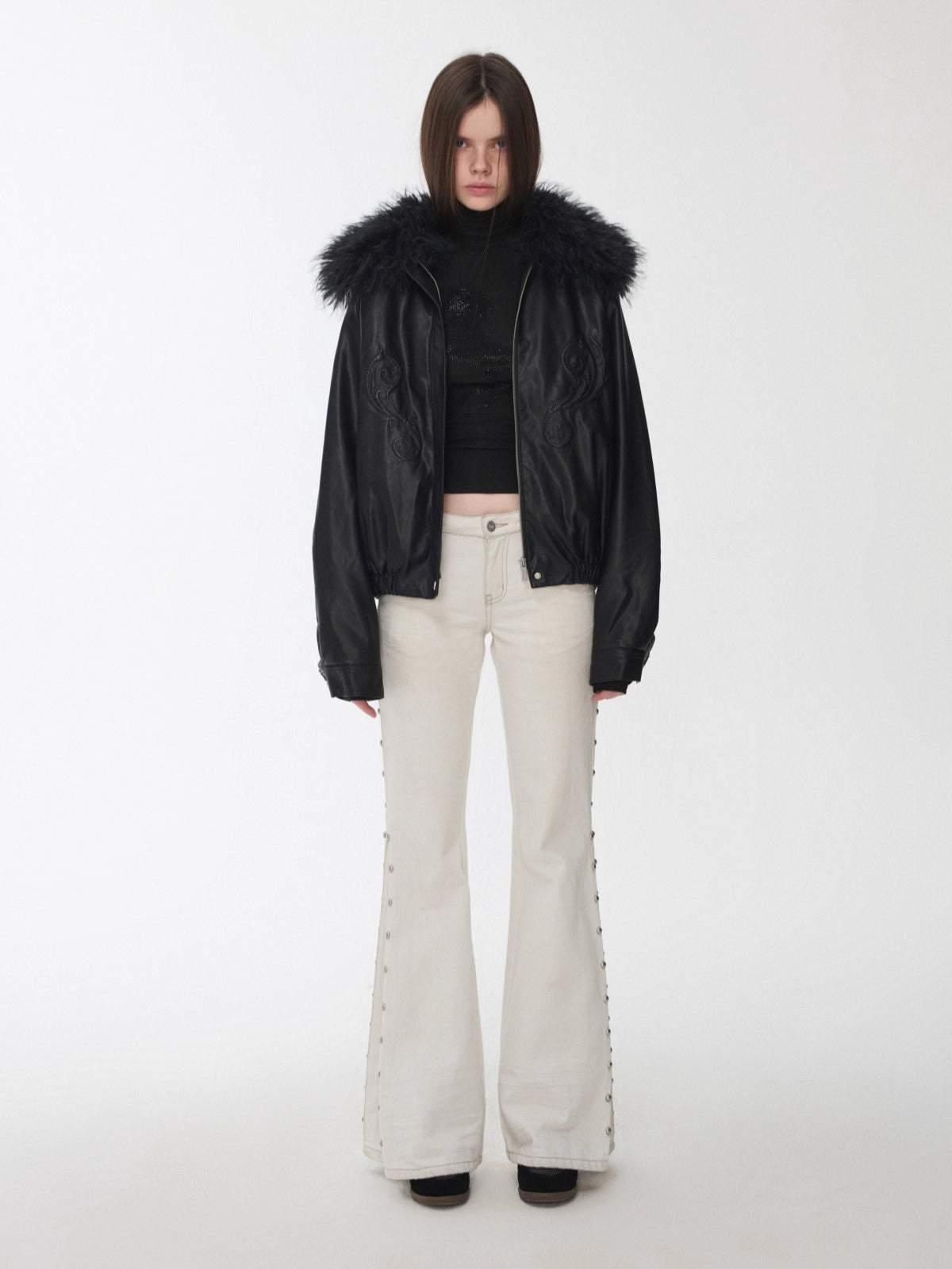 Studded Cat-Whisker Flared Denim Pants